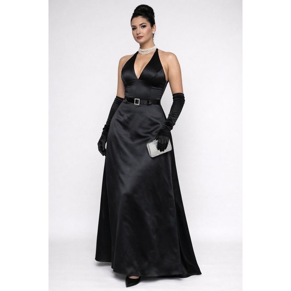 Scott McClintock Black Satin Halter Maxi Dress